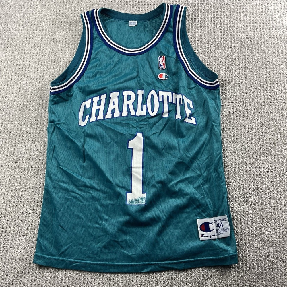 Vintage Champion Charlotte Hornets Jersey Size 44 Muggsy Bogues NBA Basketball